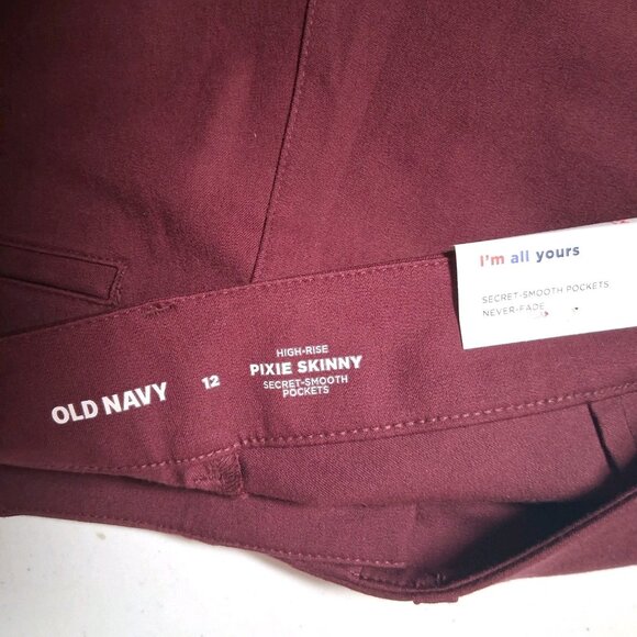 Old Navy Pixie Skinny Pants Women 12 Maroon Stretch Classic Smooth Pockets NEW - Picture 8 of 11